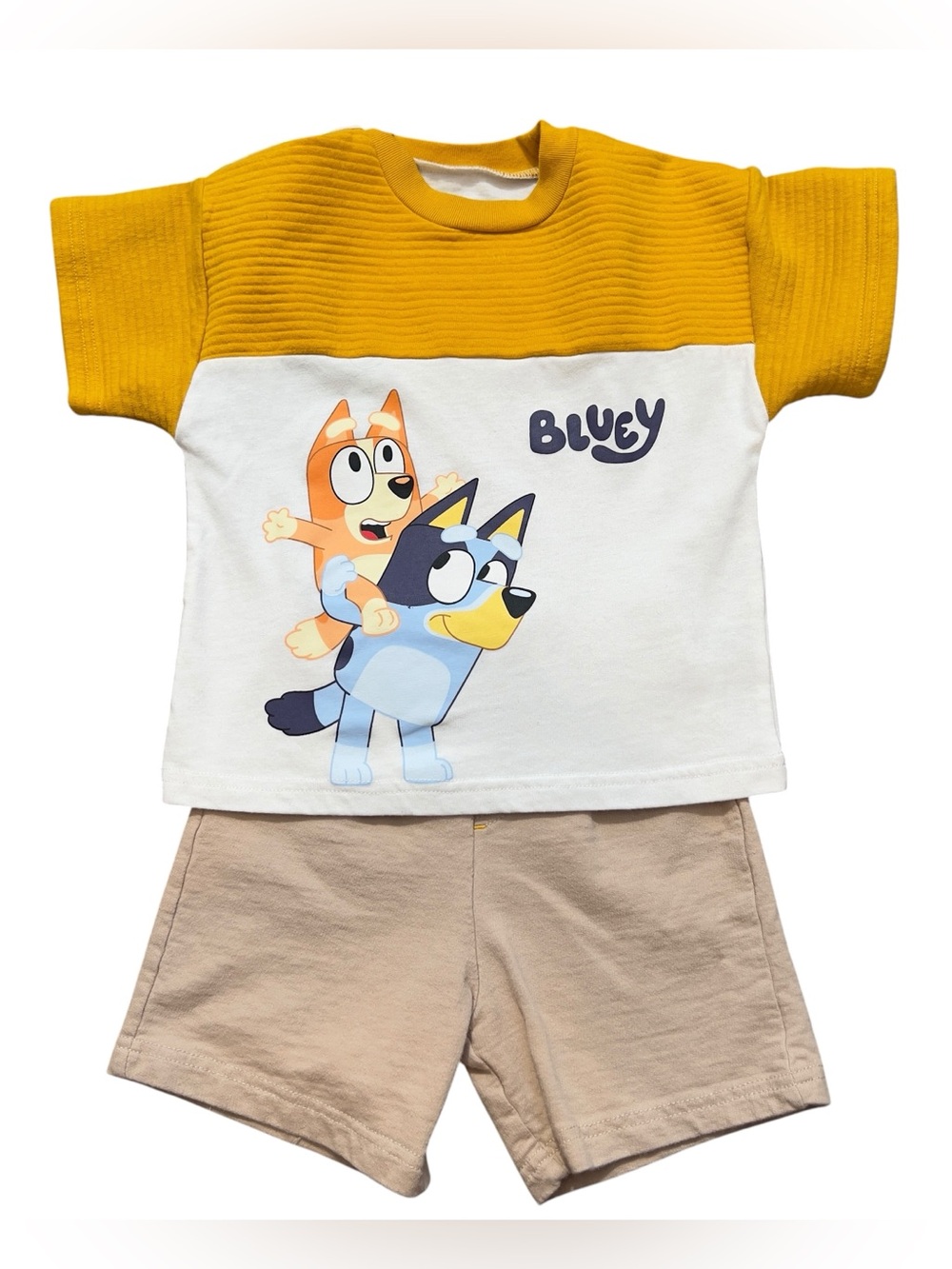 Bluey Toddler Boys 2 Piece T-Shirt and Shorts Set Mustard Yellow Beige Size 3T
